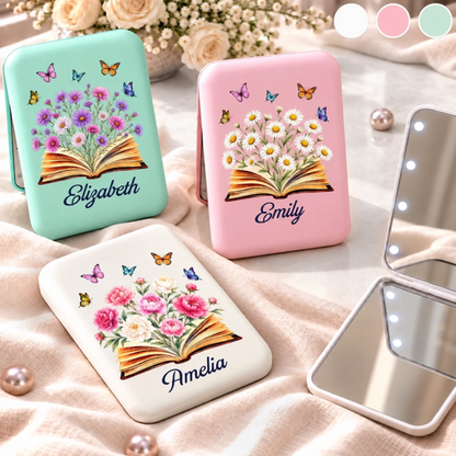 Custom Name Floral Bookish Gifts For Women And Book Lovers - Personalized LED Compact Makeup Mirror