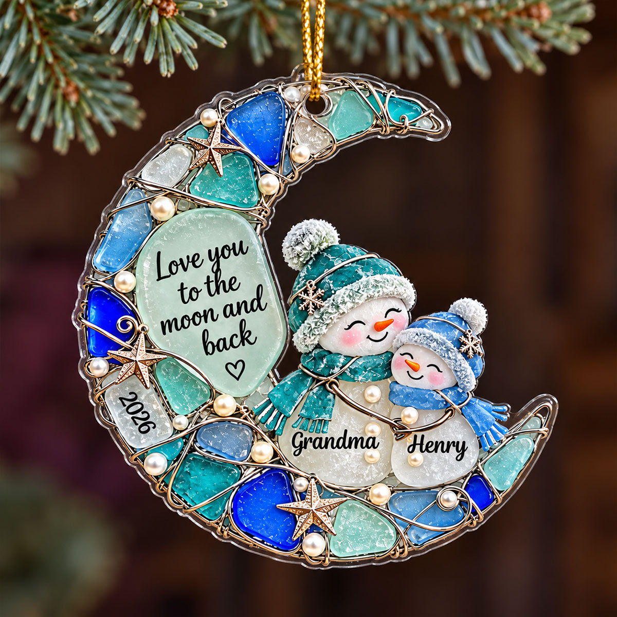 Grandma Grandkid Snowman On Moon 2D Flat Printed - Personalized Acrylic Ornament - Christmas Gift For Grandkid, Grandson, Granddaughter