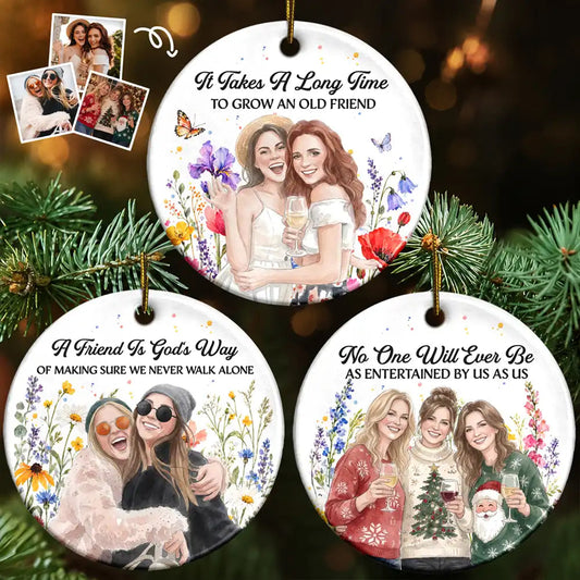 Christmas Gift For Best Friend - Personalized Custom Photo Watercolor Floral Circle Ceramic Ornament