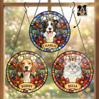 Personalized Pet Portrait Stained Glass Suncatcher – Custom Photo Window Hanging, Unique Keepsake Gift for Pet Lovers