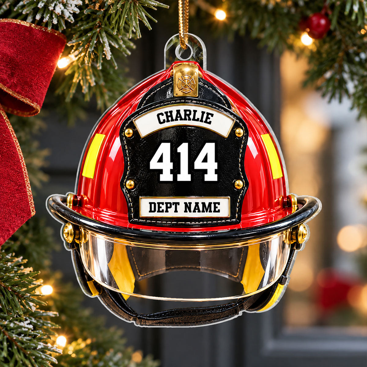 Firefighter Helmet Front View 2D Flat Printed - Personalized Acrylic Ornament - Christmas Gift For Firefighter Department