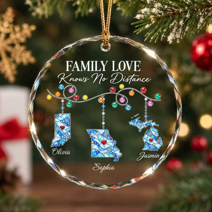 Family Love Knows No Distance - Personalized Glass Ornament - Togetherness Christmas Gift for Sisters, Children