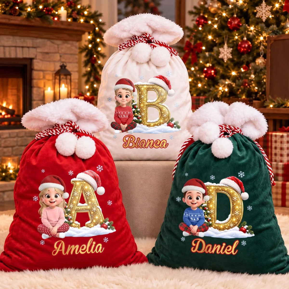 Custom Velvet Pom-Pom Sack - Personalized Christmas Birthday Gifts For Mom, Dad, Brother, Sister - Merry Hearts Together