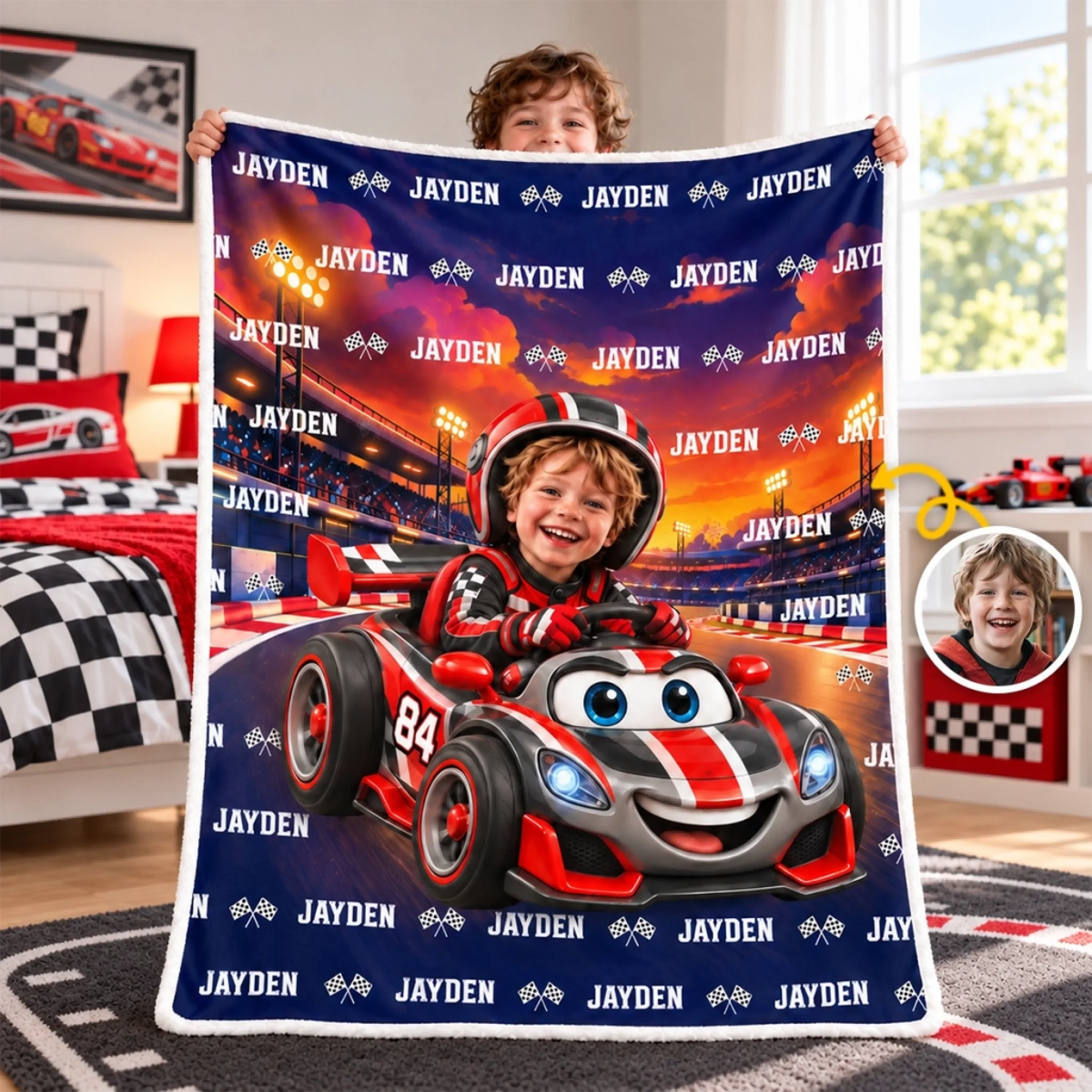 Custom Photo Checkered Flag Racing Gifts for Kids - Personalized Blanket