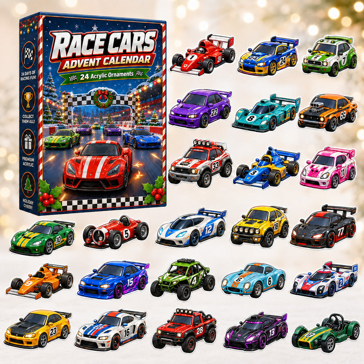 Race Cars Advent Calendar 2026 - 24-Day Festive Countdown, Acrylic Charms Blind Box - Gift For Kids, Family & Friends