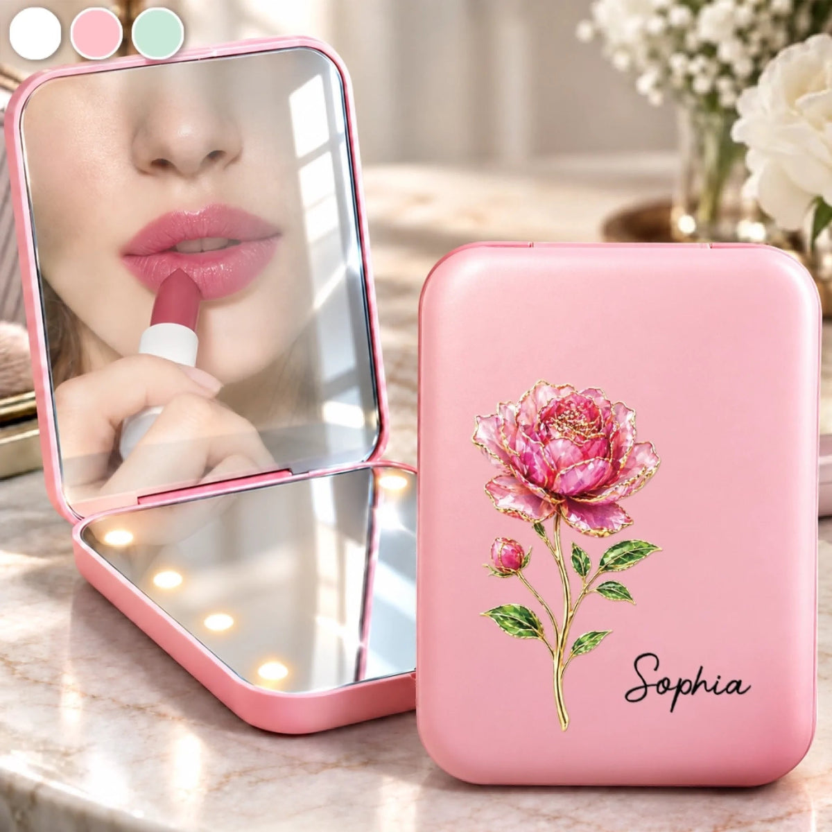 Custom Name Birth Month Flower Beauty Gifts for Women - Personalized LED Compact Makeup Mirror