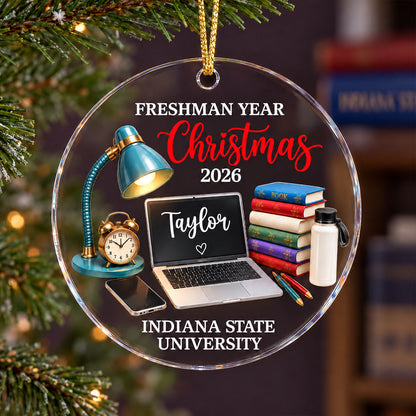 Freshman Year Christmas Study Desk – Personalized Acrylic Ornament – College Student Christmas Gift, First Year Keepsake