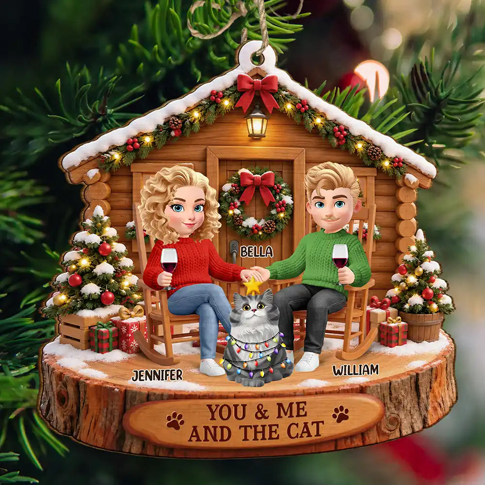 Christmas Gift For Pet Couples - Personalized You & Me And The Cat Wooden Ornament