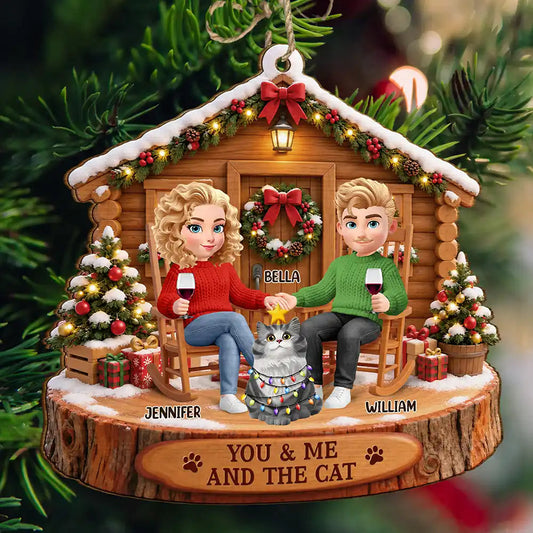 Christmas Gift For Pet Couples - Personalized You & Me And The Cat Wooden Ornament