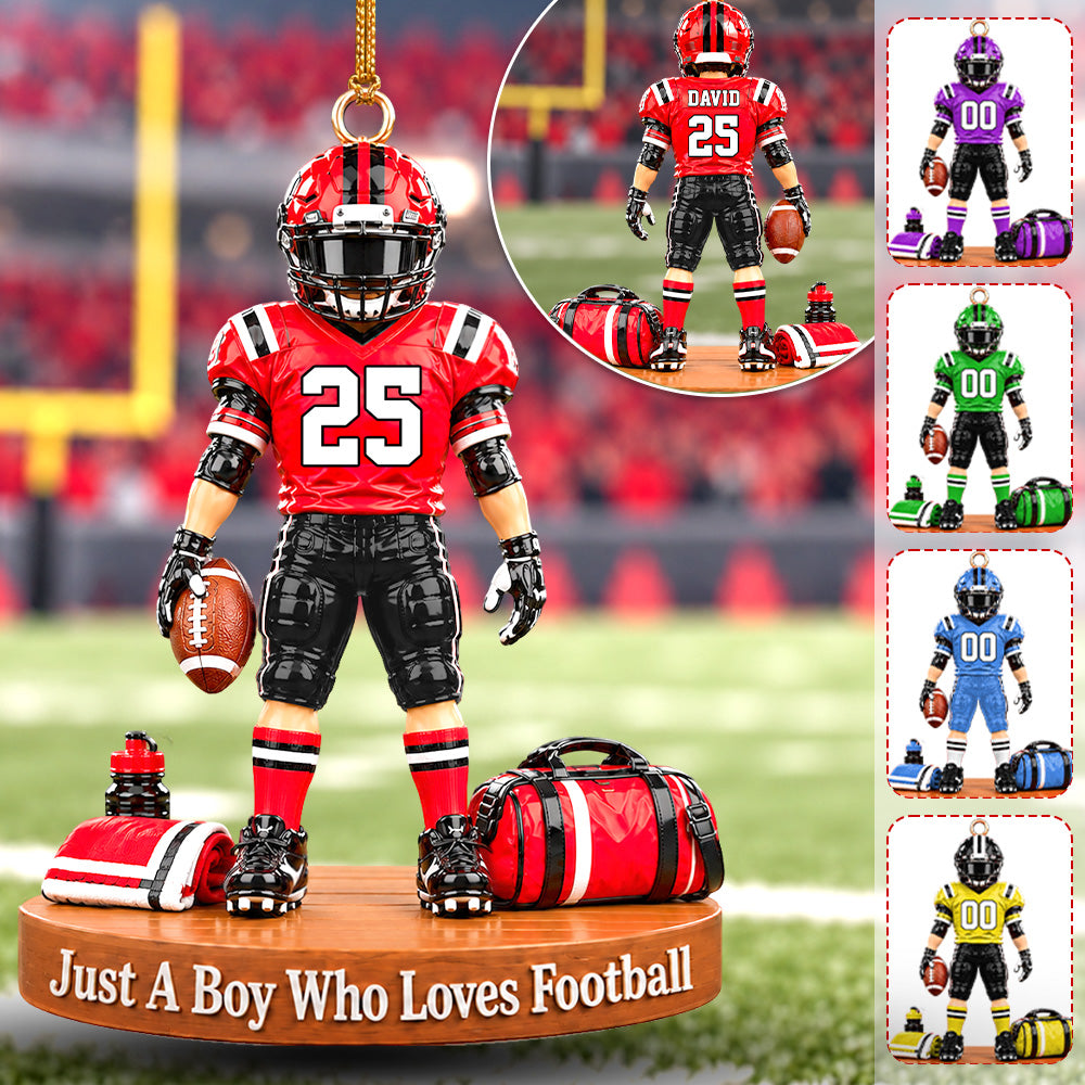 Luxury Personalized Football Player Christmas Ornament, Custom Name, Number & Uniform Colors, Just a Boy Who Loves Football Gift