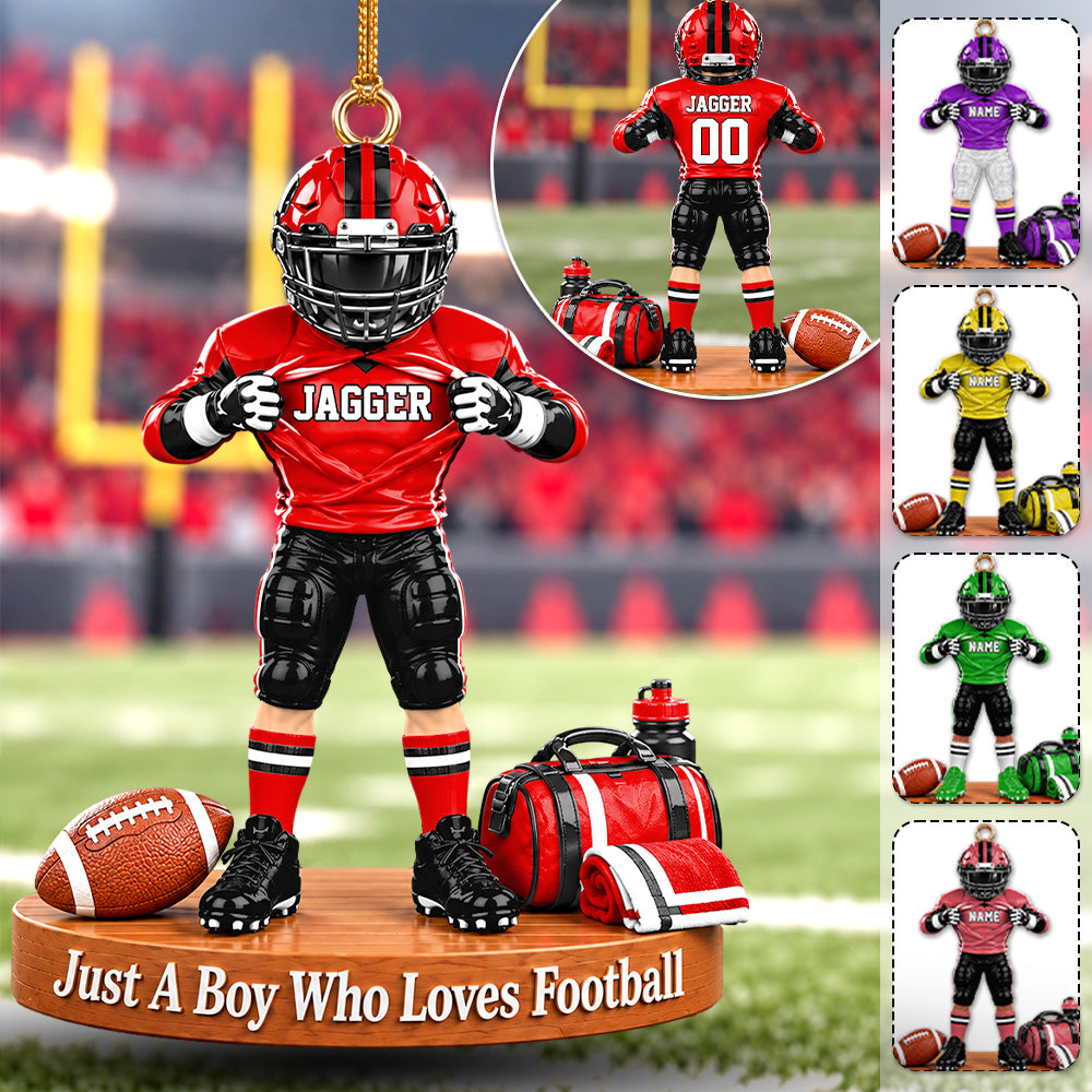 Personalized Football Player Christmas Ornament, Custom Name, Number & Uniform Colors, Just a Boy Who Loves Football Gift New