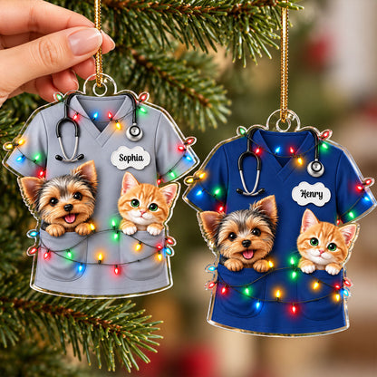 Christmas Vet Scrubs With Pets - Personalized Acrylic Ornament - Veterinarian Christmas Gift
