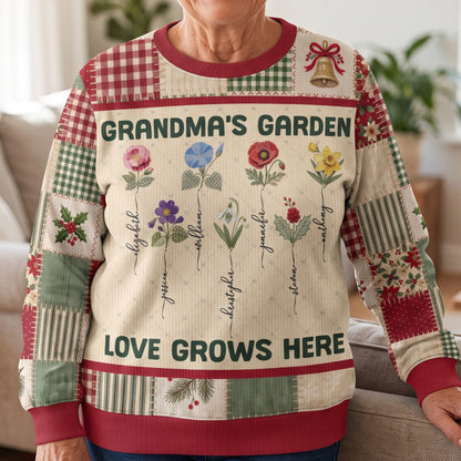 Grandma Garden Patchwork Print Birth Flower - Personalized Sweater
