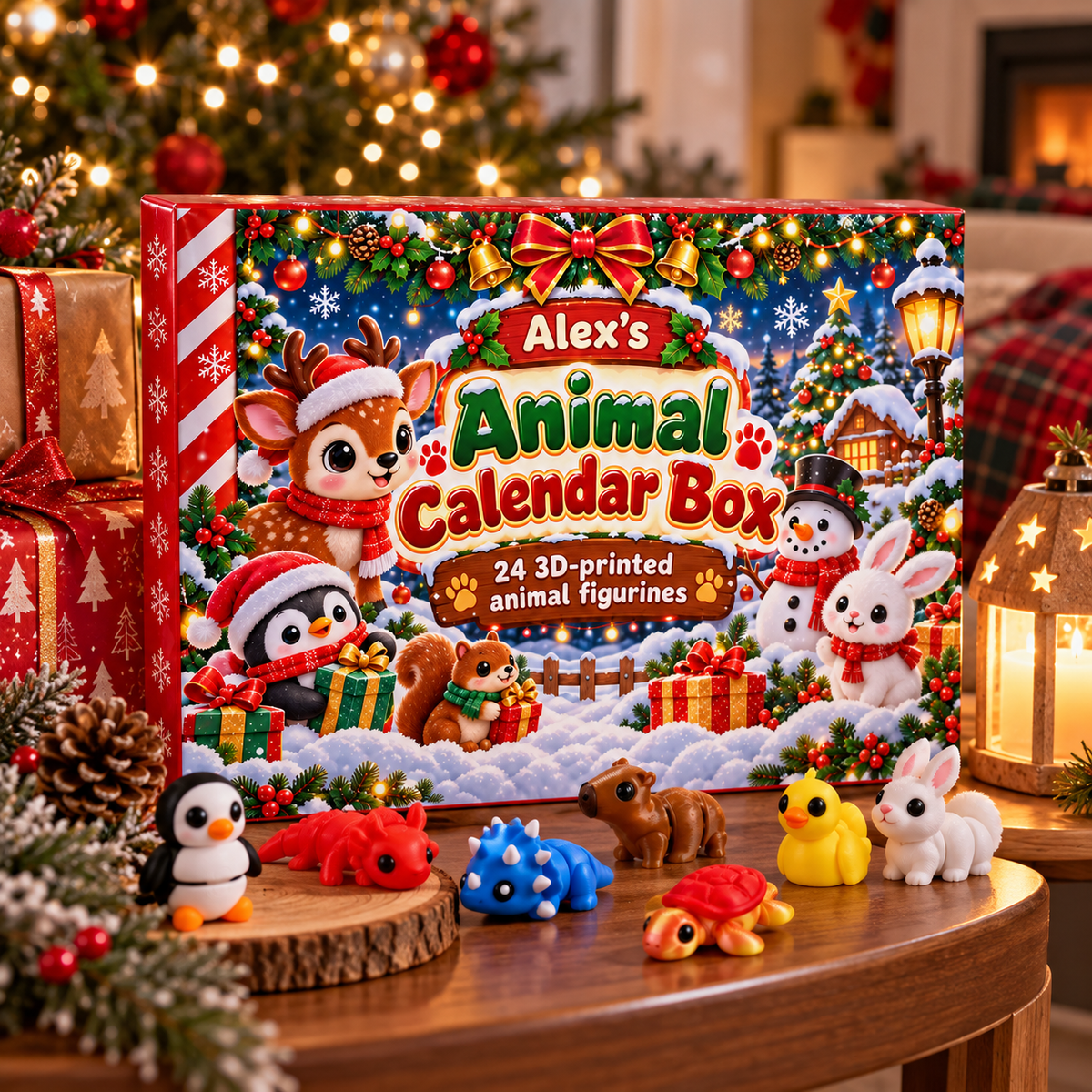 24 Flexible 3D-Printed Animal Toys with Custom Name - Personalized Custom Advent Calendar