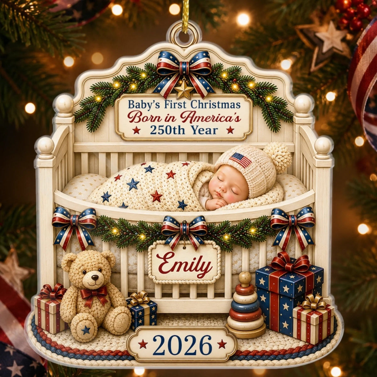 Custom First Christmas Acrylic Ornament - Personalized America 250th Anniversary Christmas Gifts For New Moms, New Dads, New Parents - Wrapped In Love And Freedom