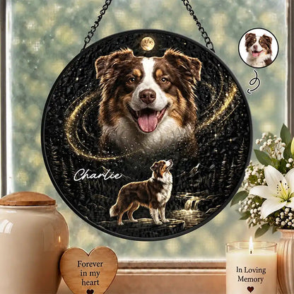 Dog Memorial Gift For Pet Loss - Personalized Custom Photo Moonlight Night Sky Portrait Stained Glass Window Hanging Suncatcher