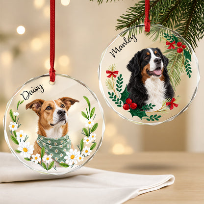 Custom Dog Photo And Name Flower Glass Ornament, Personalized Christmas Tree Decoration for Pet Lovers LM32 670361