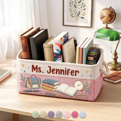 Personalized Rope Basket with Pink Book Art for Classroom or Home Office, Creative Gift for Teachers Who Love Reading