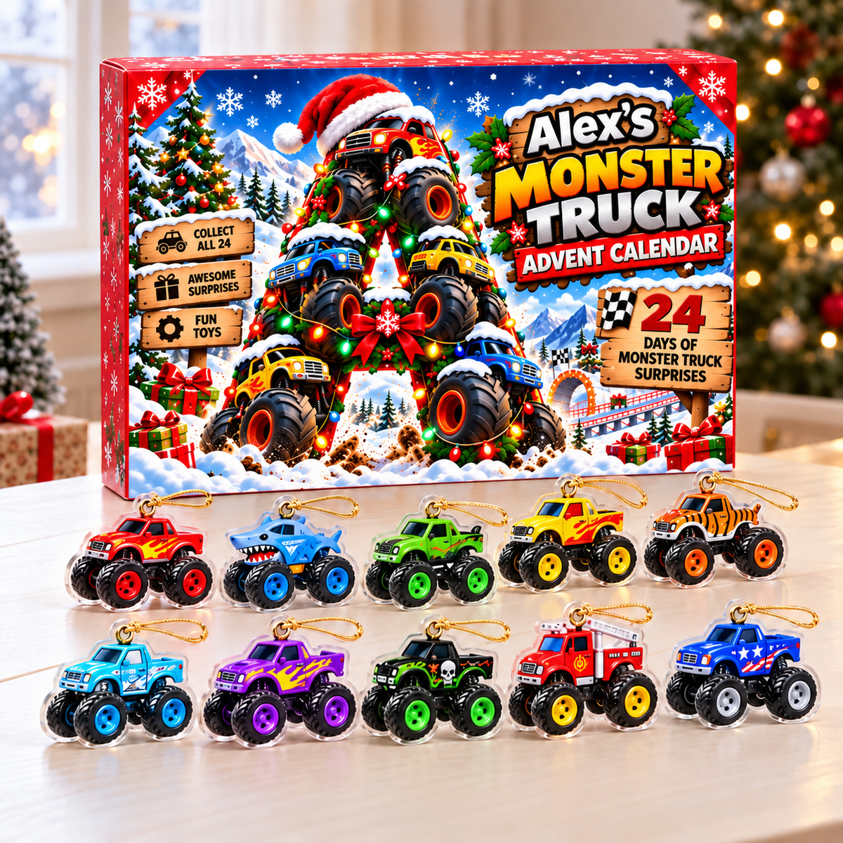 24 Days of Monster Trucks Custom Initial - Personalized Christmas Advent Calendar