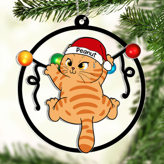 Cat Swinging Christmas Lights Personalized 2-Layer Acrylic Ornament, Christmas Decoration