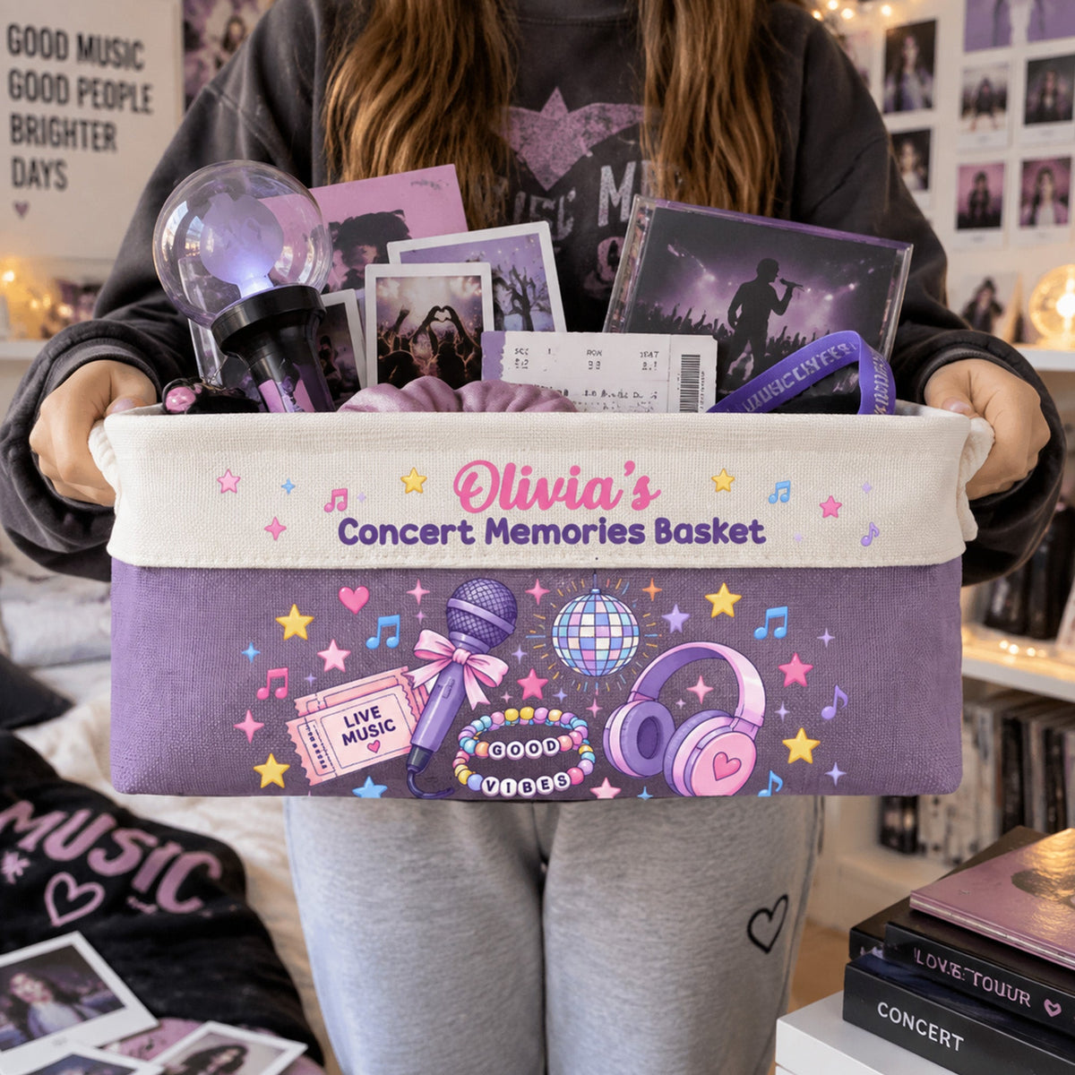 Concert Memories Basket For Daughter, Fan Girl, Music Lovers - Personalized Storage Basket