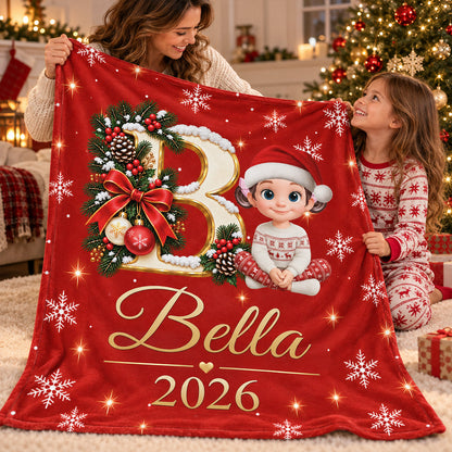 Custom Name Initial Letter - Personalized Fleece Blanket - Christmas Gift for Daughter, Son, Grandkids