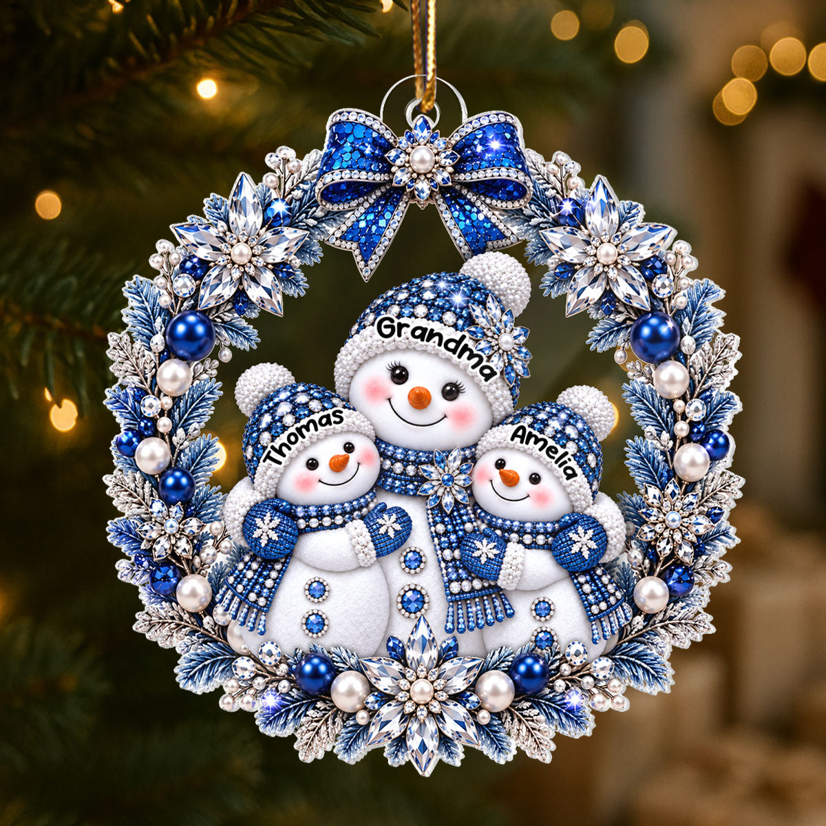 Grandma Grandkid Snowman Wreath - Personalized Acrylic Ornament - Christmas Gift for Grandma, Grandkids