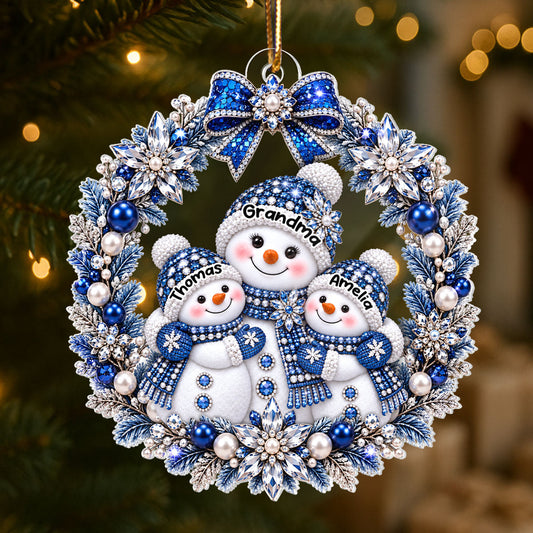 Grandma Grandkid Snowman Wreath - Personalized Acrylic Ornament - Christmas Gift for Grandma, Grandkids