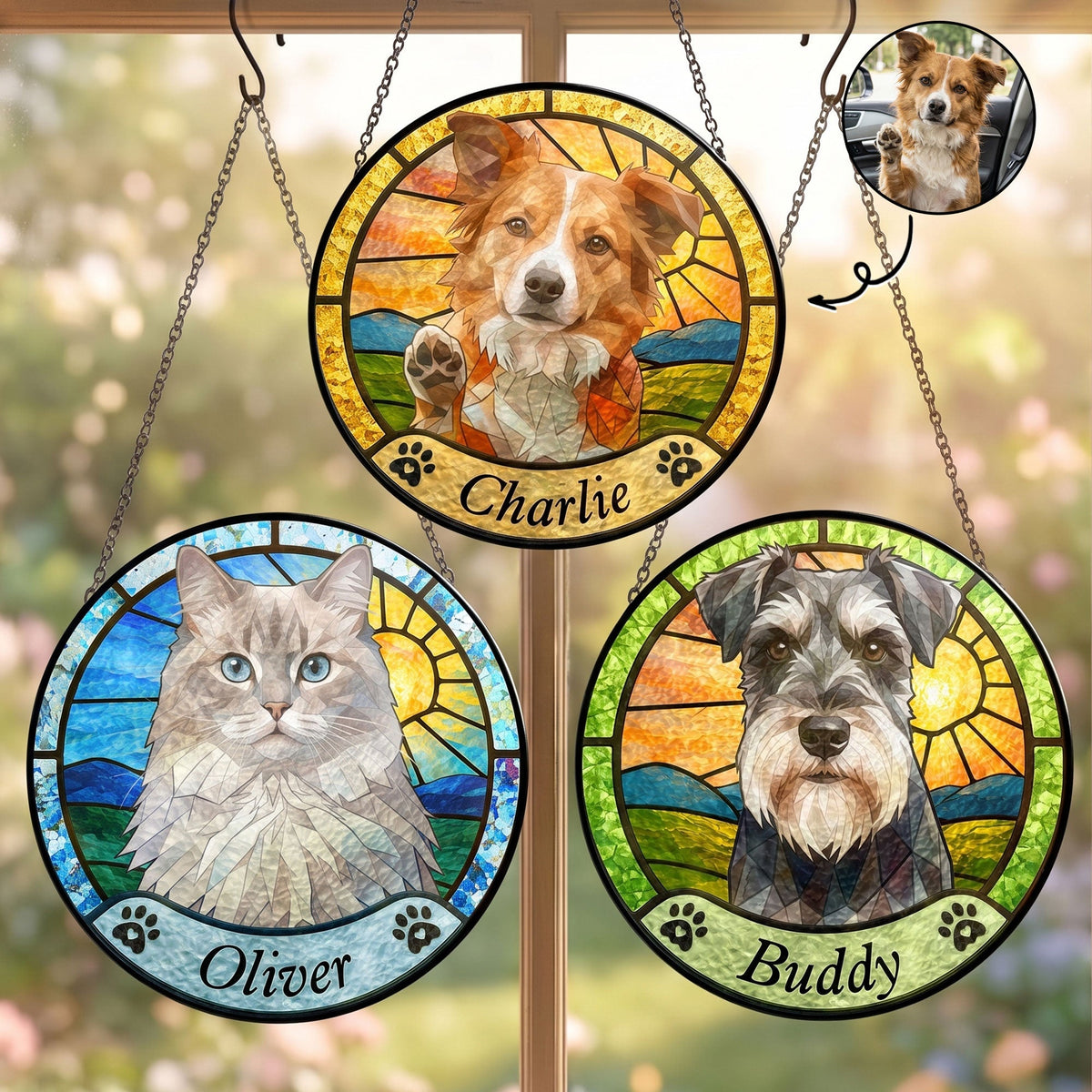 Personalized Pet Memorial Stained Glass Suncatcher – Custom Photo Window Hanging Keepsake Gift for Pet Lovers