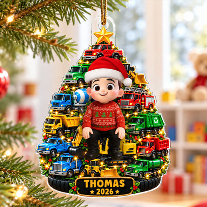 Little Kid With Trucks Christmas Tree - Personalized Acrylic Ornament - Christmas Gift For Kids, Grandkids, Grandson, Granddaughter, Son, Daughter