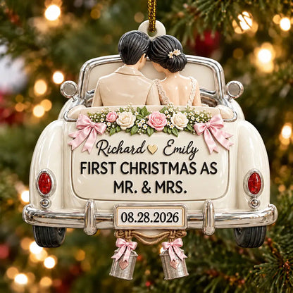 First Christmas Gift For Newlyweds - Personalized Mr And Mrs Names Just Married Car Embossed Ornament