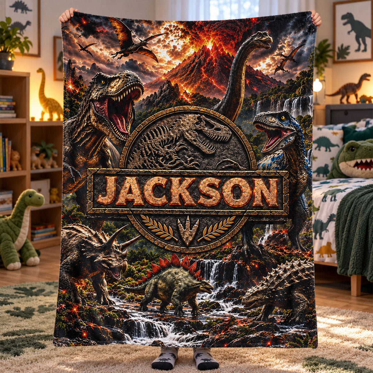 Custom Kid Name Dinosaur Jurassic T-Rex Boys Room Decor Toddler - Personalized Blanket
