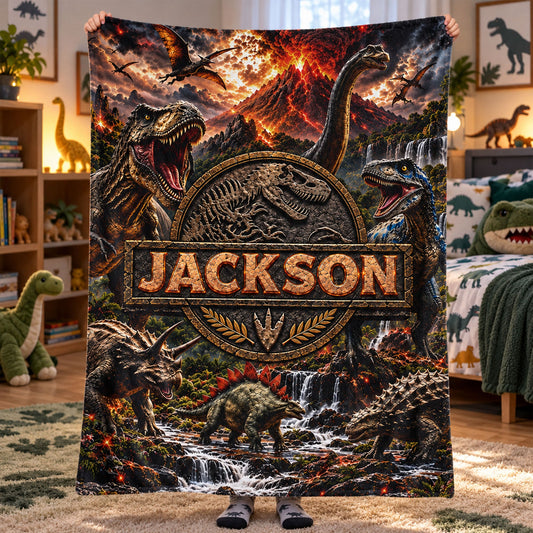 Custom Kid Name Dinosaur Jurassic T-Rex Boys Room Decor Toddler - Personalized Blanket