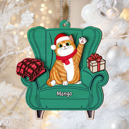 Christmas Cats On Sofa Personalized 2-Layer Wooden Ornament