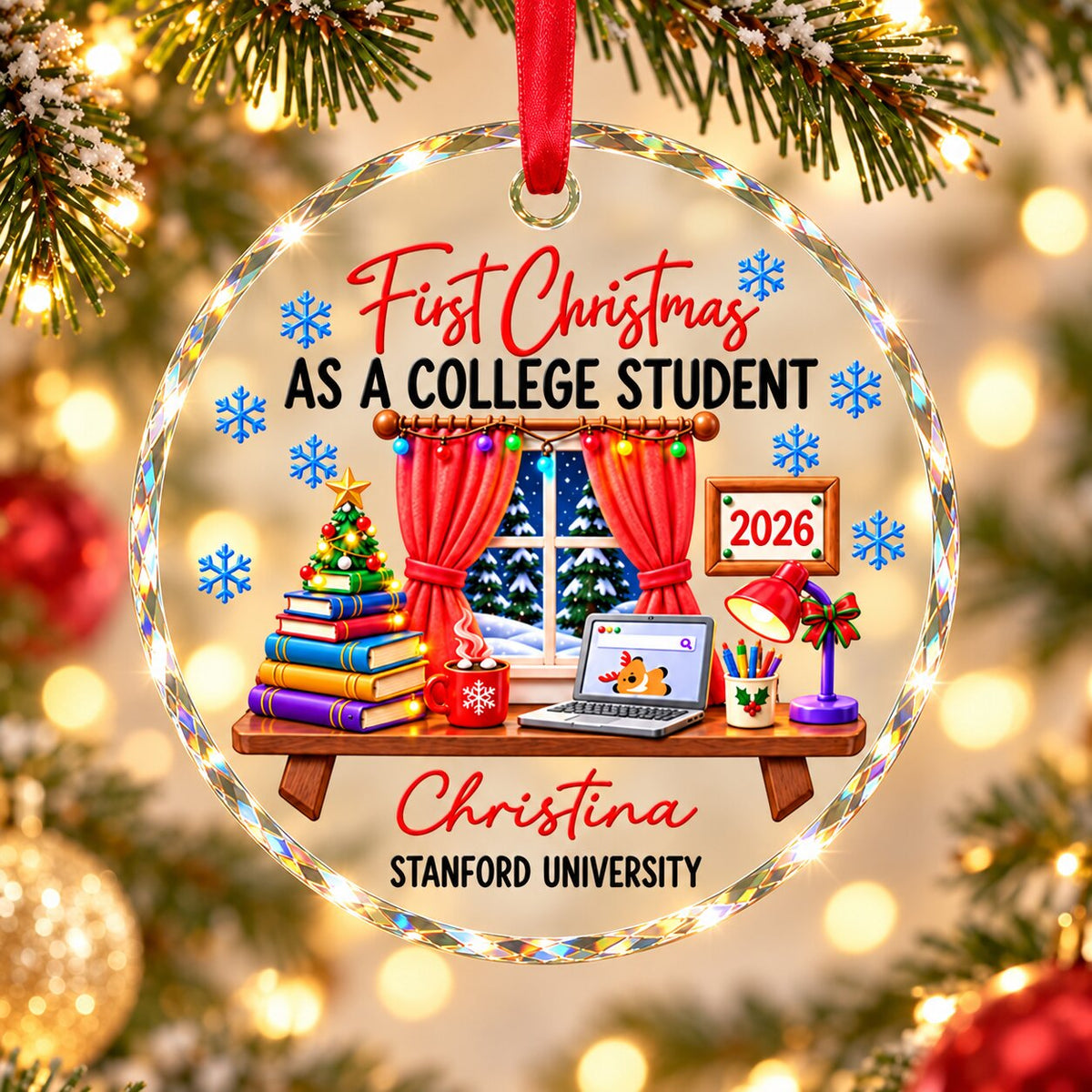 College Student With Desk Design - Personalized Glass Ornament - Christmas Gift For New Student, Boy, Girl