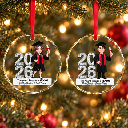 The Year I Became A Senior - Personalized Glass Ornament - Christmas Gift For Seniors, Daughter, Son, Granddaughters, Grandsons