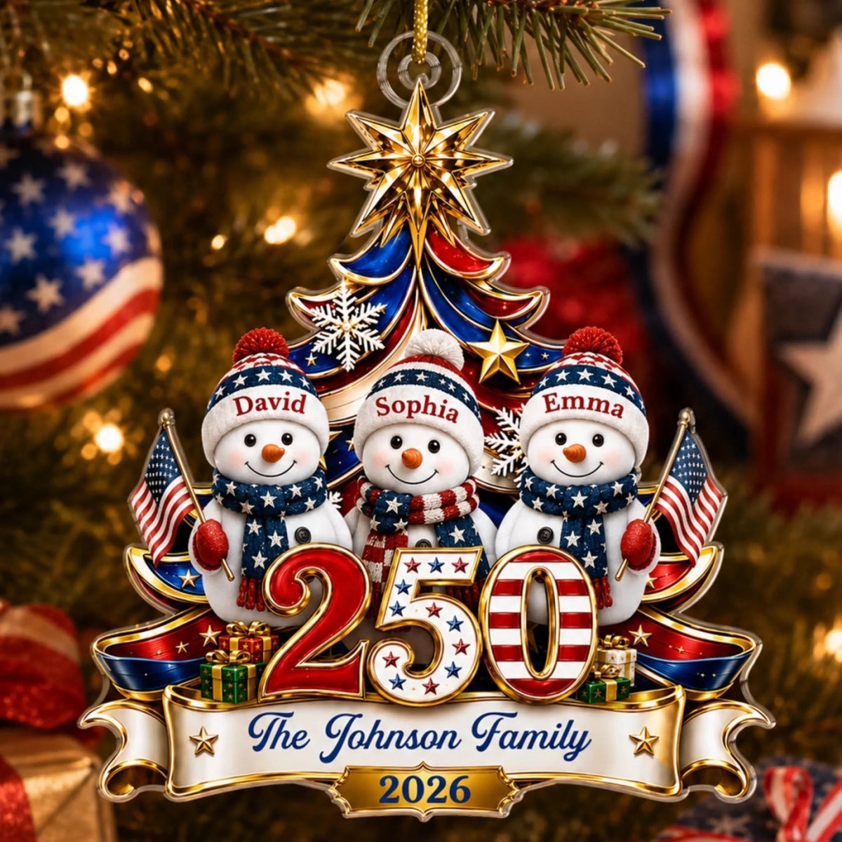 Custom Snowman Acrylic Ornament - Personalized America 250th Anniversary Christmas Gifts For Mom, Dad, Brother, Sister - United In Love Proud In Spirit