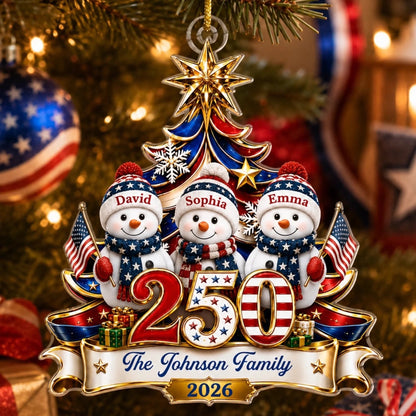 Custom Snowman Acrylic Ornament - Personalized America 250th Anniversary Christmas Gifts For Mom, Dad, Brother, Sister - United In Love Proud In Spirit