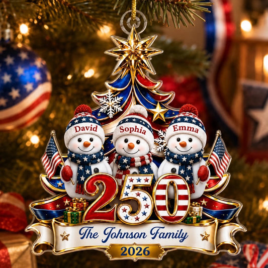Custom Snowman Acrylic Ornament - Personalized America 250th Anniversary Christmas Gifts For Mom, Dad, Brother, Sister - United In Love Proud In Spirit
