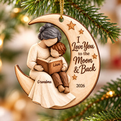 Grandma Grandkid Reading On Moon 2D Flat Printed - Personalized Wooden Ornament - Christmas Gift For Grandkid, Grandson, Granddaughter