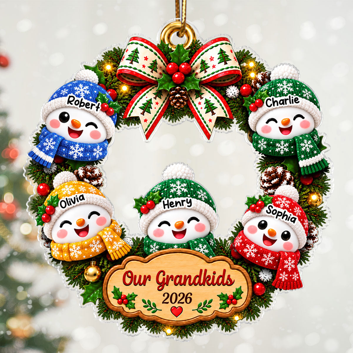 Our Grandkids Snowman Christmas Wreath 2026 - Personalized Acrylic Ornament - Christmas Gift For Kids, Grandkids