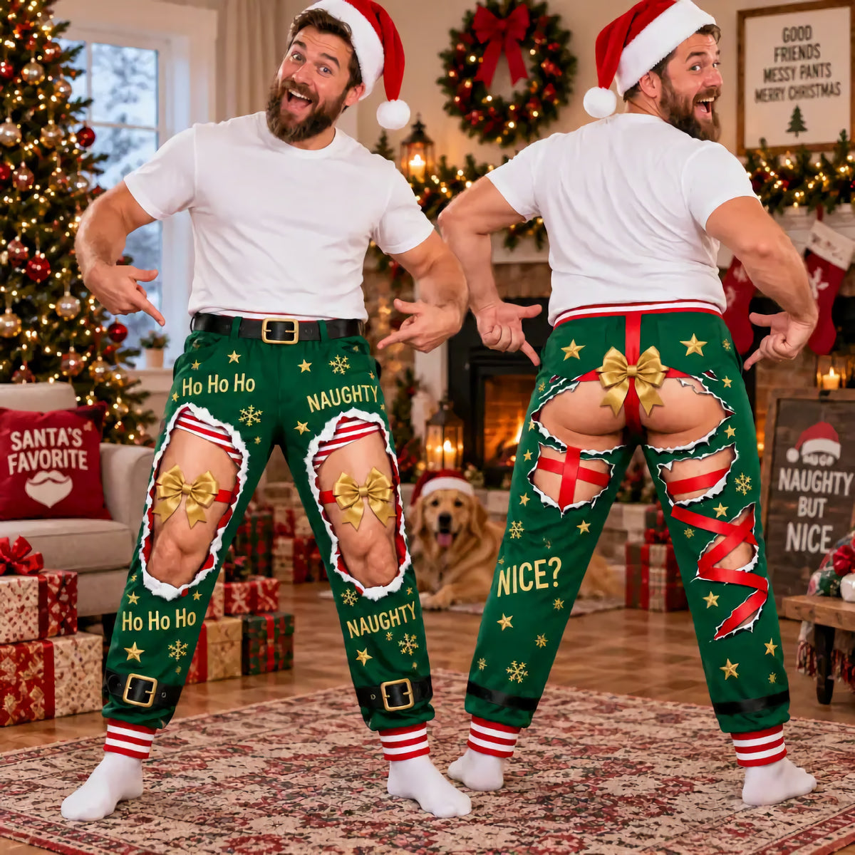 Funny Elf Ripped Illusion Christmas Pajama Pants – Naughty Holiday SweatPants