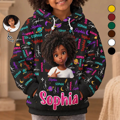 Christmas Gift For Kids - Personalized Custom Photo Name Cute Pattern Fleece Hoodie