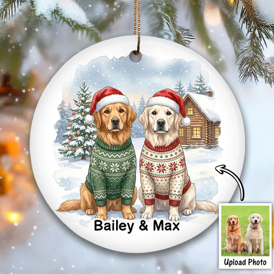 Christmas Cat Dog Upload Photo - Personalized Ceramic Ornament - Gift For Cat Lover, Dog Lover