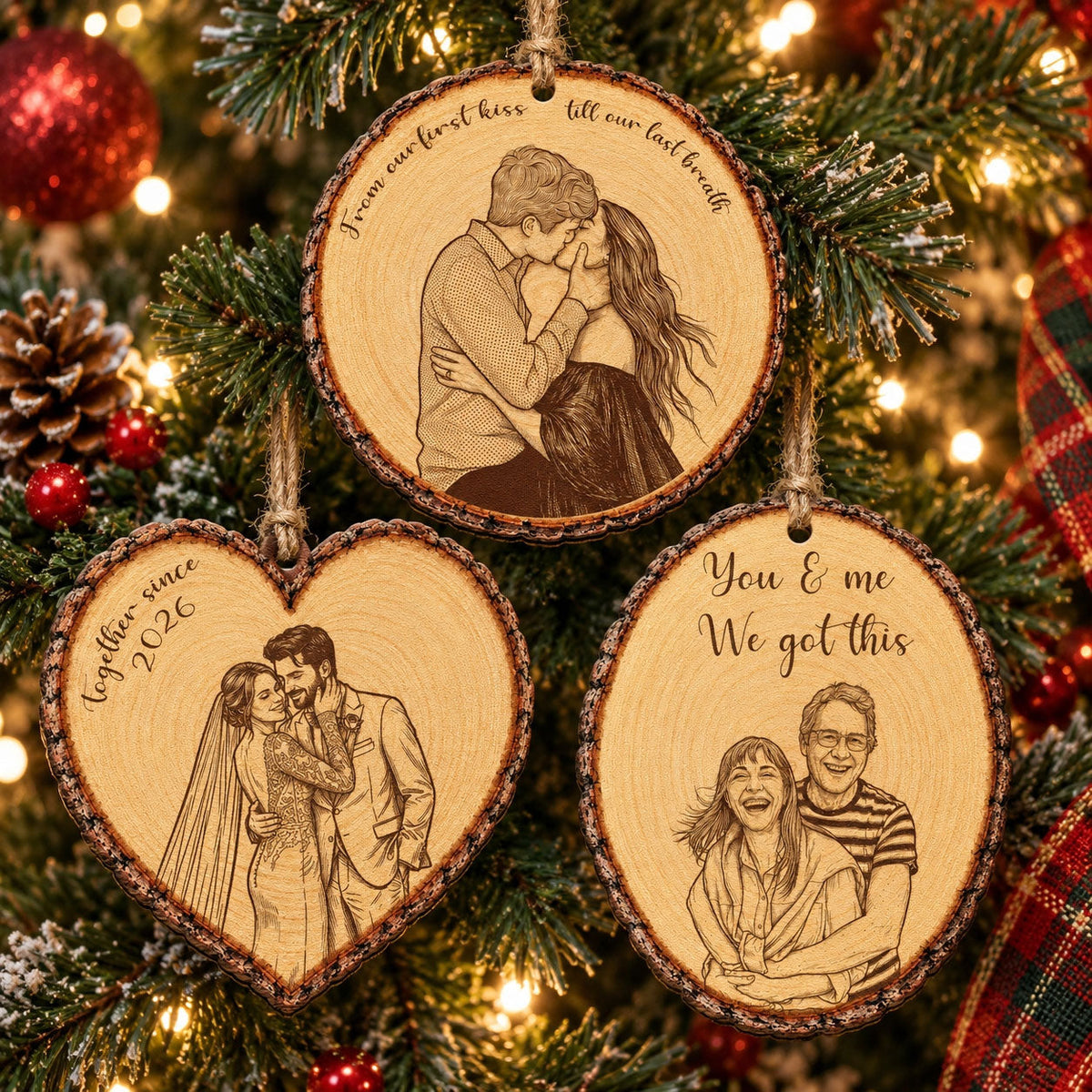 Custom Portrait Art Printed Wood Slice - For Couples, Anniversary Xmas Gifts - Personalized Ornament