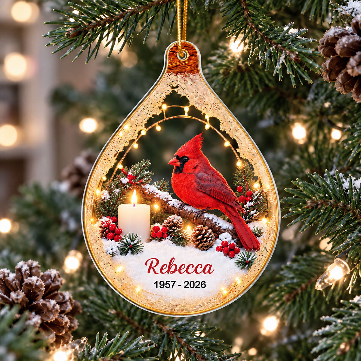 Cardinal Memorial Lighted - Personalized Acrylic Ornament - In Loving Memory Christmas Keepsake, Sympathy Gift for Loss of Loved One