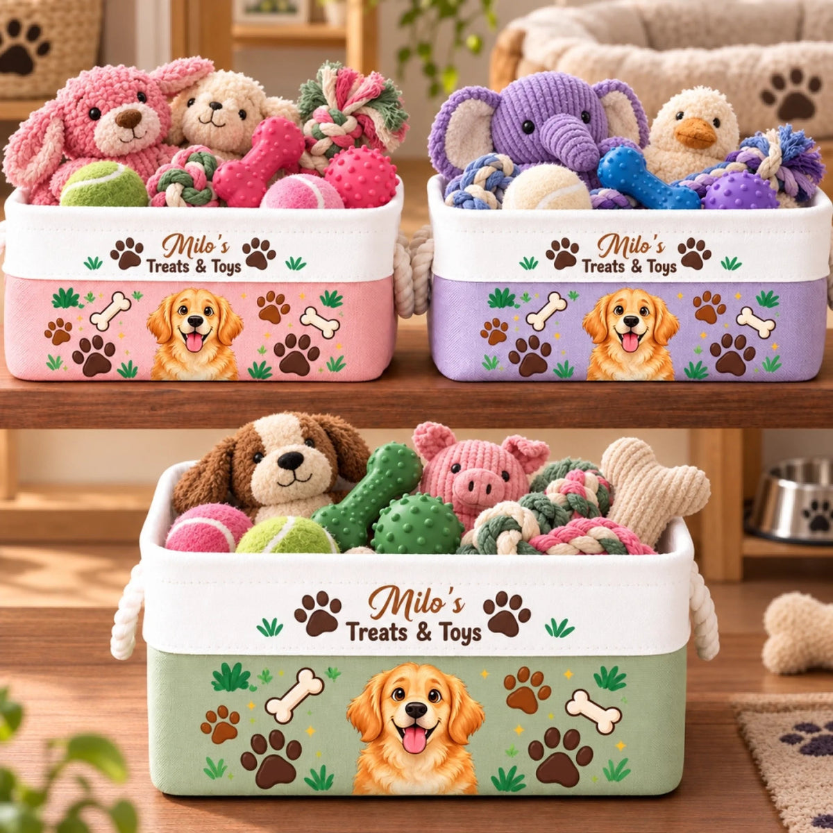 Custom Name Dog Treats And Toys Gifts For Dog Lovers - Personalized Photo Storage Basket - Spoiled With Love And Snacks