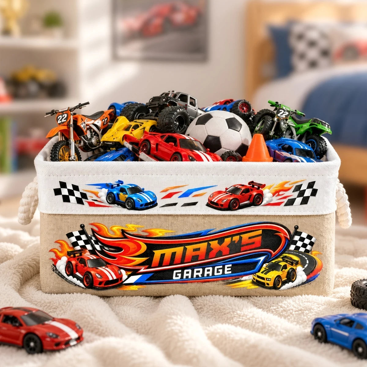 Personalized Garage Cotton Linen Rope Basket for Toy Storage, Creative Gift for Young Car Fans