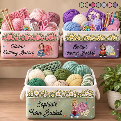 Gift For Knitter Crocheter Mom Grandma - Personalized Character & Name Yarn Ball With Birth Flower Storage Basket