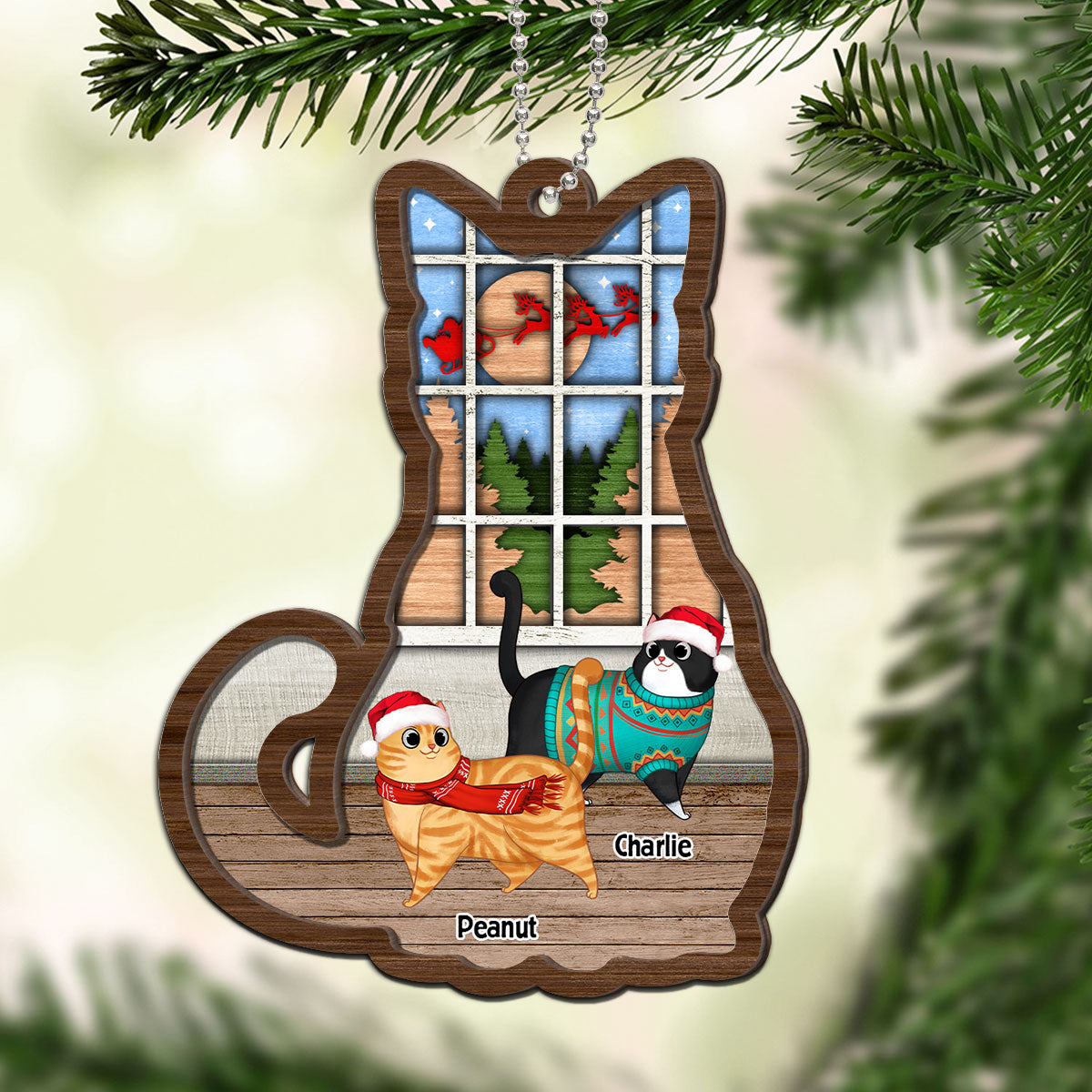 Full Cat Shaped Personalized Christmas 2-Layer Wooden Ornament